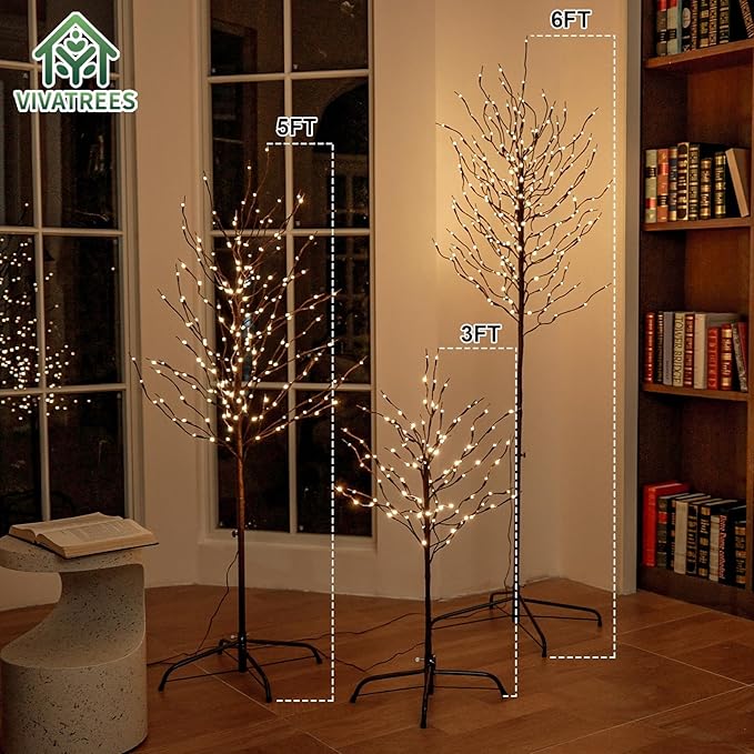 3ft & 5ft & 6ft Twinkling Twig Trees Set, with Warm White Lights, Indoor Outdoor Christmas & Wedding Decor(3 Sizes Pack)