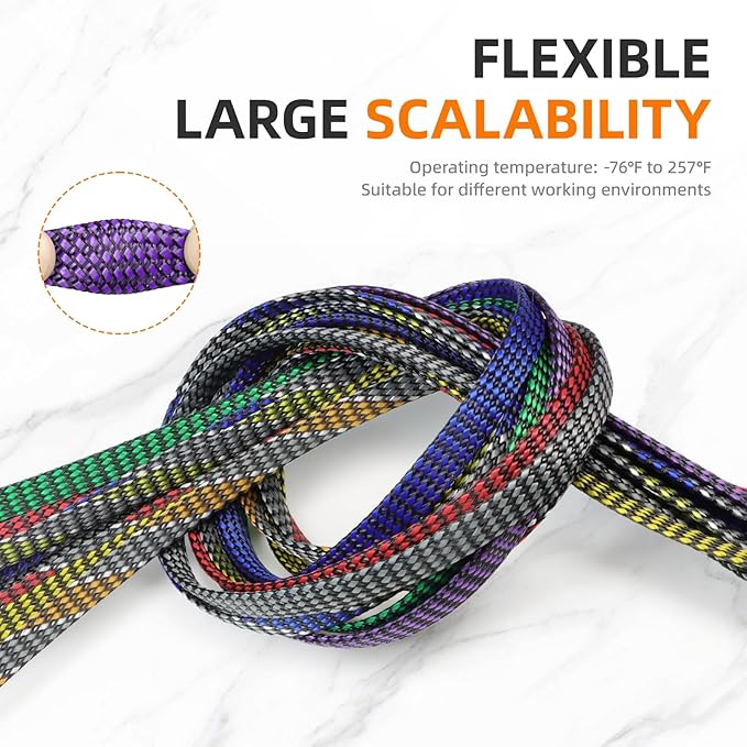 Braided Expandable Cable Sleeve, 25ft PP Cotton and PET Braided Cable Management, Flexible Mesh Wire Loom and Cable Protector for TV, Computer, Home Theater, Automotive (Purple, 1/8")