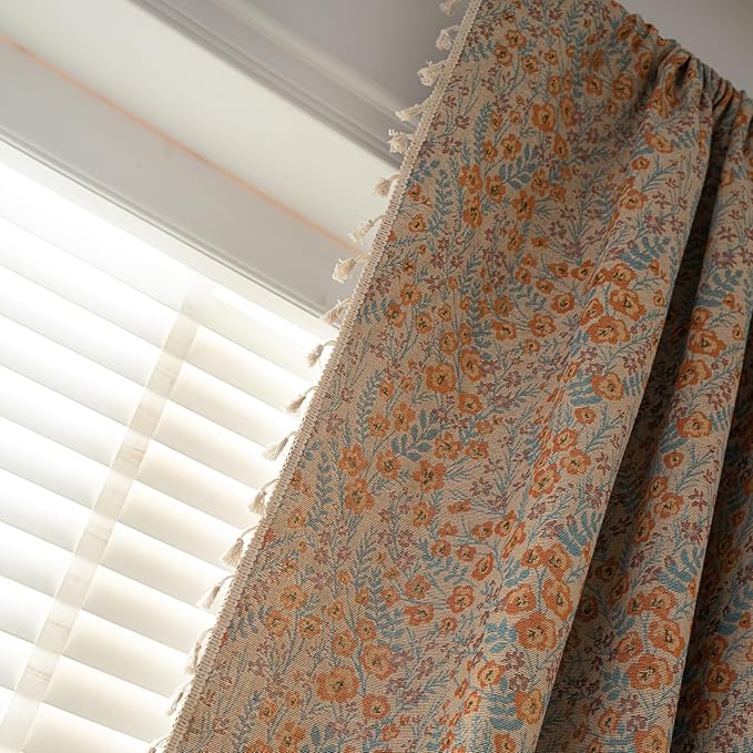ENJOYBRIDAL Orange Floral Curtains Boho Light Filtering Drapes Vintage Jacquard Rod Pocket Semi Sheer Window Curtains Bedroom Living Room Aesthetic Tassel 84 Inch Length 2 Panels Set Window Treatments