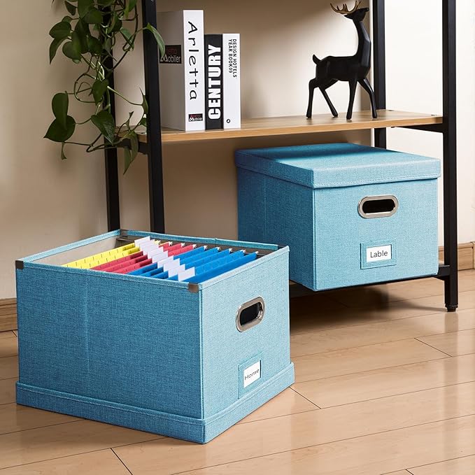 PRANDOM File Organizer Box - Set of 1 Collapsible Decorative Linen Filing Storage Hanging File Folders with Lids Office Cabinet Letter/Legal Blue (17x14x11.2 inch)