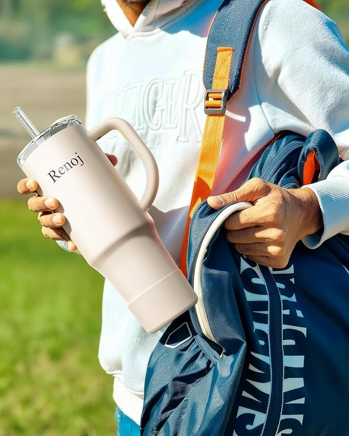 Renoj Tumbler with Handle 100% Leak Proof Insulated Water Bottle for Iced Coffee & Hot Drinks - Fits Car Cup Holder, Ideal Gift, 2 Straws & Silicone Boot BPA-Free - SnapShift White 32 oz