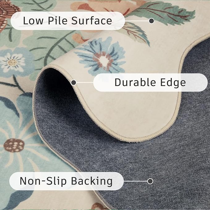 DCX Beige Floral Rug 3x5, Washable Beige Rug for Living Room, Kid & Pet Friendly with Rubber Back Non Slip, Soft Low Pile Carpet, Stain Resistant Rug for Bedroom, Nursery, Dining Room