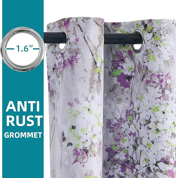 MYSKY HOME Purple Floral Curtains 63 Inches Watercolor Floral Blackout Curtains for Living Room Thermal Insulated Grommet Window Curtains Decorative Curtains, 2 Panels