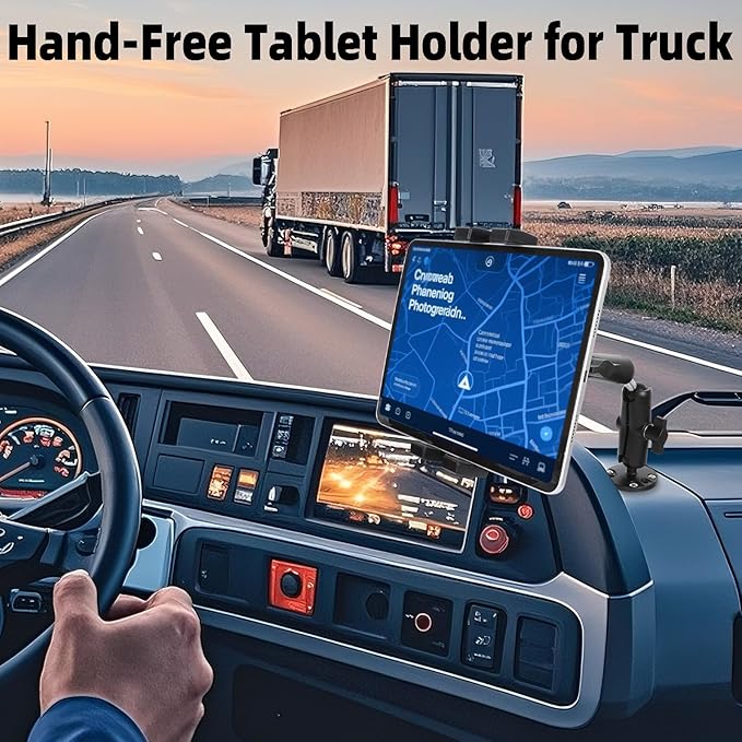 FPN Dashboard Mount Tablet Holder for Truck, Heavy Duty Drill Base with Aluminum Arm Tablet Mount for Car, Wall, Boat, Desk, Compatible with iPad Pro Air Mini, 4.7-12.9″ Tablets and Phones (PTM-28)