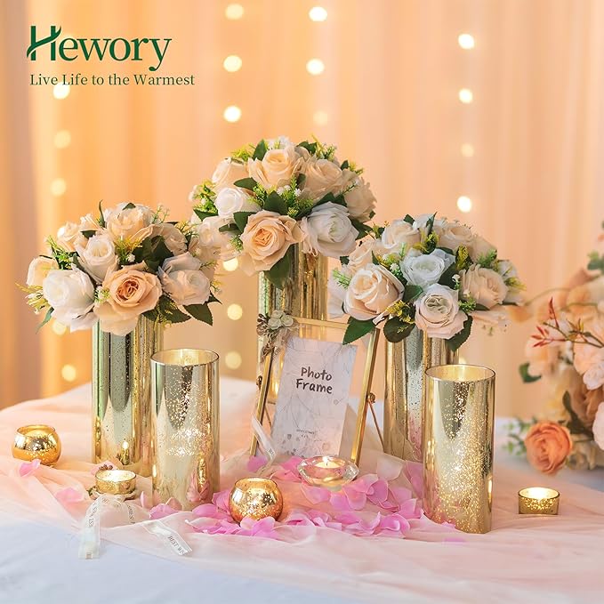 Glass Cylinder Vases Set of 24, Hewory Glittery Gold Vase for Centerpieces, Glass Hurricane Candle Holders for Pillar Floating Candle, Tall Round Vase for Wedding Anniversary Events Home Table Decor