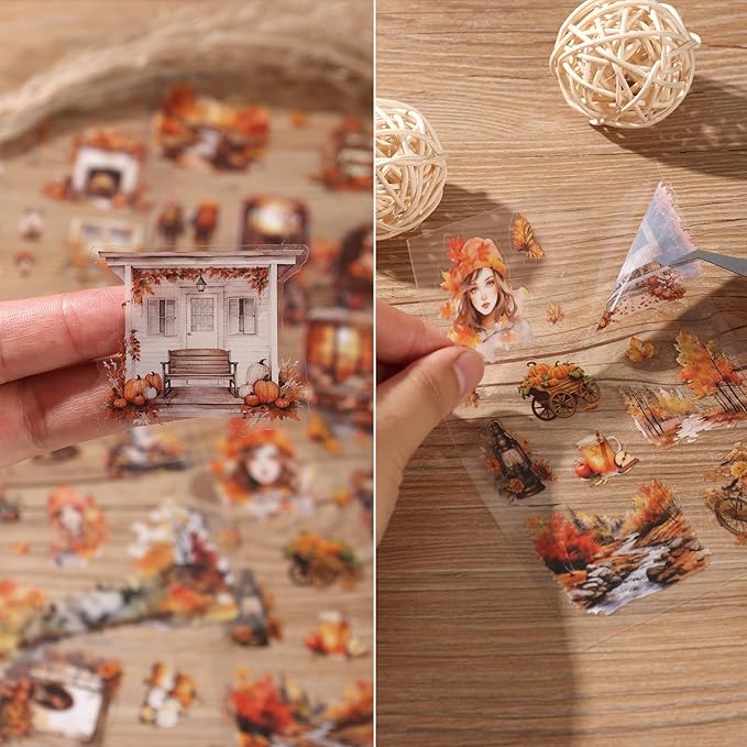 Auguro PET 20 Sheets 120 Pre-Cut Fall Stickers for Scrapbooking Landscape People Scrapbook Sticker Transparent Stickers for journaling