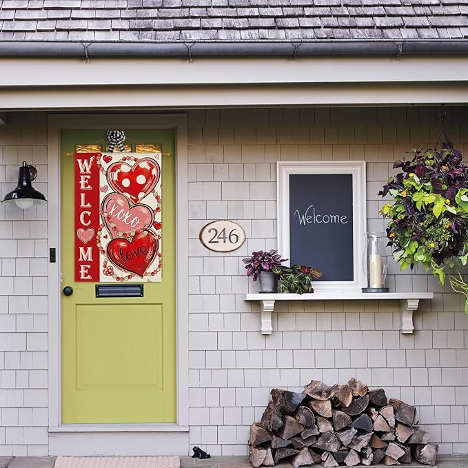 AVOIN colorlife Love Hearts Valentines Day House Flag 28x40 Inch Double Sided Outside, XOXO Welcome Anniversary Yard Outdoor Flag