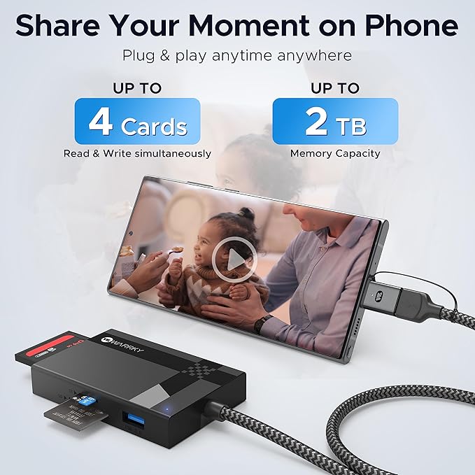 SD Card Reader 7 in 1, WARRKY [Dual Connector USB3.0/USB C, 2.5FT Nylon Cable] Memory Camera Card Adapter Hub for Micro SD/CF/MS/UHS-I, Fit for iPhone 17, Camera, MacBook Pro/Air, Mac, iPad, Android