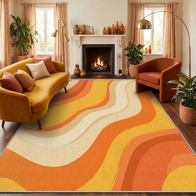Sunset Flow Area Rug 4x6, Modern Abstract Wave Rug, Retro Orange Neutral Carpet for Living Room Bedroom, Soft Non Slip Washable Rug