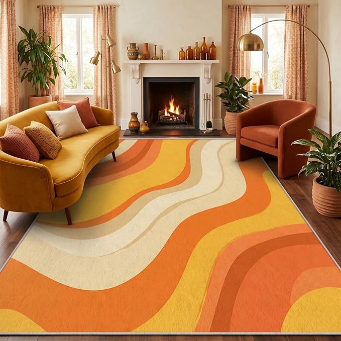 Sunset Flow Area Rug 3x5, Modern Abstract Wave Rug, Retro Orange Neutral Carpet for Living Room Bedroom, Soft Non Slip Washable Rug