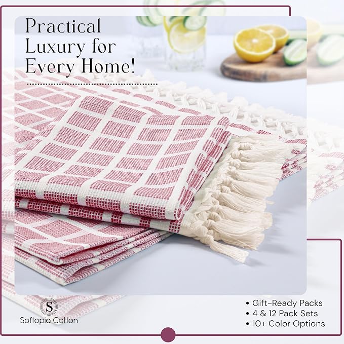 Matrix Dobby Kitchen Towels 4 Pack 100% Cotton, 16x26 Inches, Decorative Tea Towels with Handmade Tassels, Absorbent Reusable Dish Cloths for Kitchen Drying - Burgundy Wine, Natural