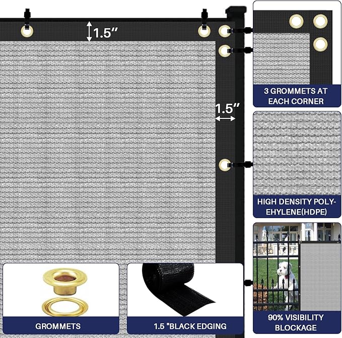 Windscreen4less Privacy Fence Screen Heavy Duty Windscreen Fencing Mesh Fabric Shade Net Cover with Brass Grommtes for Outdoor Wall Garden Yard Pool Deck, 6'x62' Light Gray