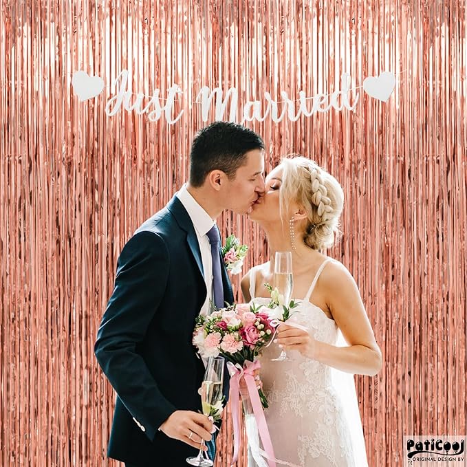 Thicken Rose Gold Streamers 4 Pack 3.2 x 8.2 FT, Tinsel Backdrop Curtains, Birthday Decorations for Women Girls, Foil Fringe Photo Backdrop for Bridal Shower, Baby Shower Party Decorations