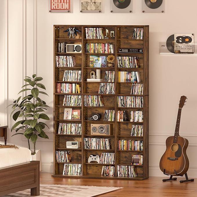 LELELINKY 11 Tier Tall Display Cabinet, Brown Media Storage Cabinet with Adjustable Shelves, Free Standing DVD Organizer Shelf, Floor Multimedia Storage Manga Bookshelf for Living Room & Home Office.