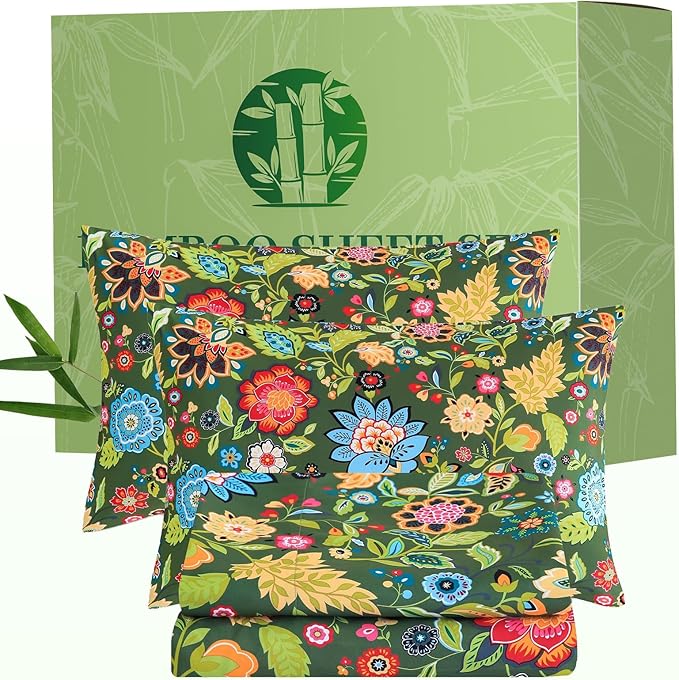 Bedlifes Extra Deep Pocket 18-24" King 4-Piece Sheet Set - Cooling Sheets Blend Rayon Derived from Bamboo Soft & Breathable Floral Dark Green