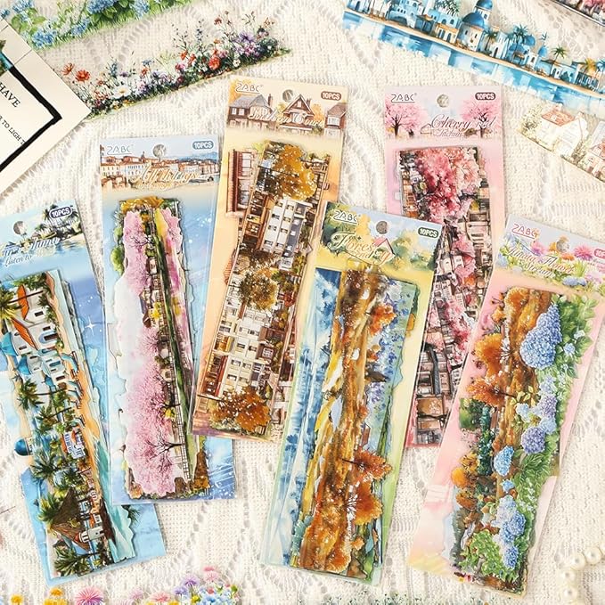 Dwpetzo Transparent PET Stickers for Journaling Scrapbooking, 60 Sheets Large Seasonal Landscape House Mountain Forest Wildflower Stickers Set for Junk Journal, Collage, Crafts Arts