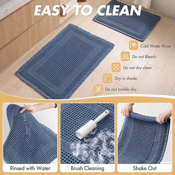 MIULEE Set of 2 Waffle Bathroom Rugs, Boho Bath Rug Super Absorbent, Non Slip Washable Ultra Soft Rubber Backed Shower Bath Mats for Floor, Tub, Shower, Looped Design, Blue, 24x36 Inch