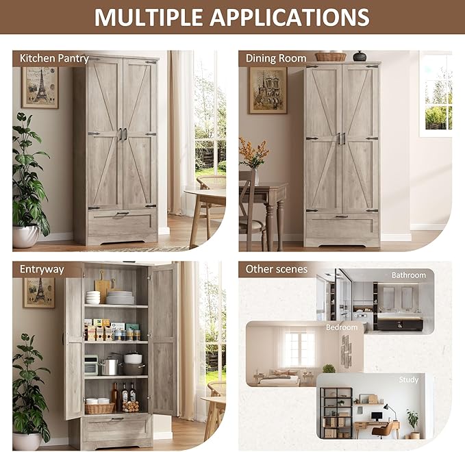 Vongrasig Kitchen Pantry Storage Cabinet with Barn Doors, Drawer and Adjustable Shelves, 4-Tier Tall Rustic Wood Cupboard Locker for Kitchen, Dining Room, Living Room, Bathroom, Rustic Grey