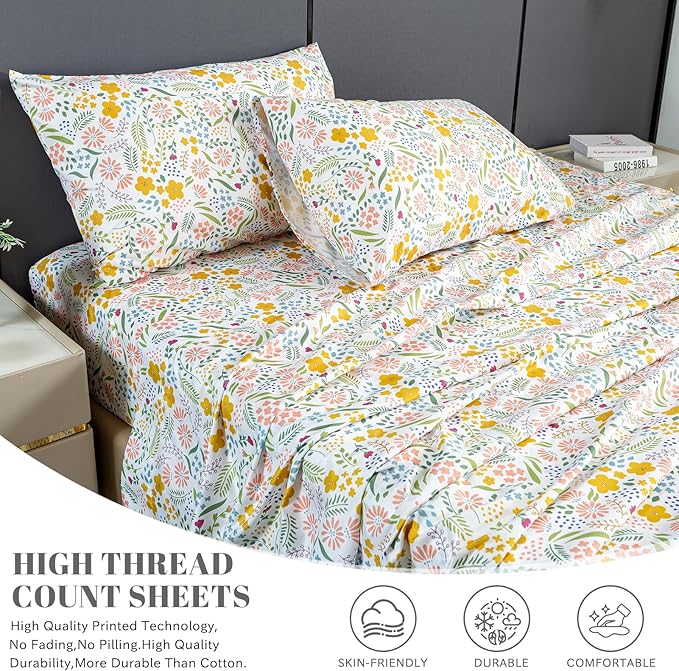 Bedlifes King Sheet Set Ultra Soft, Breathable, Silky Flower Deep Pocket 100% Microfiber Bedding, 4 Piece King Size Floral