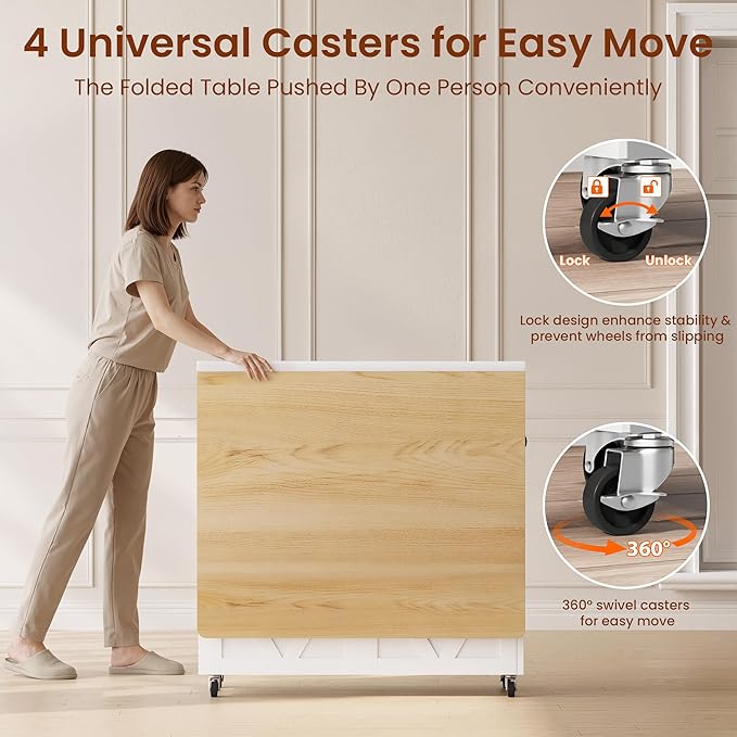 Space Saving Folding Dining Table for 4, Farmhouse Foldable Dining Table with Drawer and Storage Shelf, 6 Wheels Multipose Expandable Kitchen Drop Leaf Table for Small Space (Pear Wood White)
