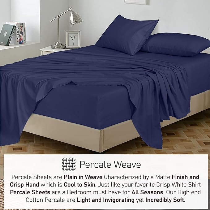 RUVANTI 100% Cotton Full Size Bed Sheets, 4 Pieces, Soft & Breathable Percale Weave Bedding, Deep Pocket 16", Hotel Standard, Crisp Cool Feel, Durable, Perfect Sheet Set Dyed, Crown Blue