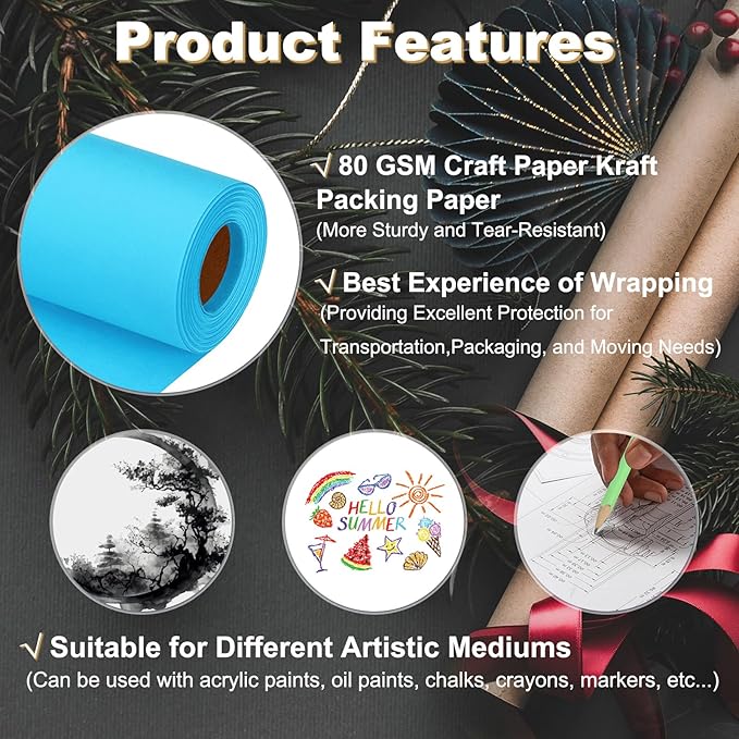 PATIKIL Wrapping Paper, 12"x800"(66') Bulletin Board Paper Roll Kraft Paper Roll Construction 80GSM for Shipping Packing Gift Wrapping Craft Flower Bouquet Christmas, Light Blue