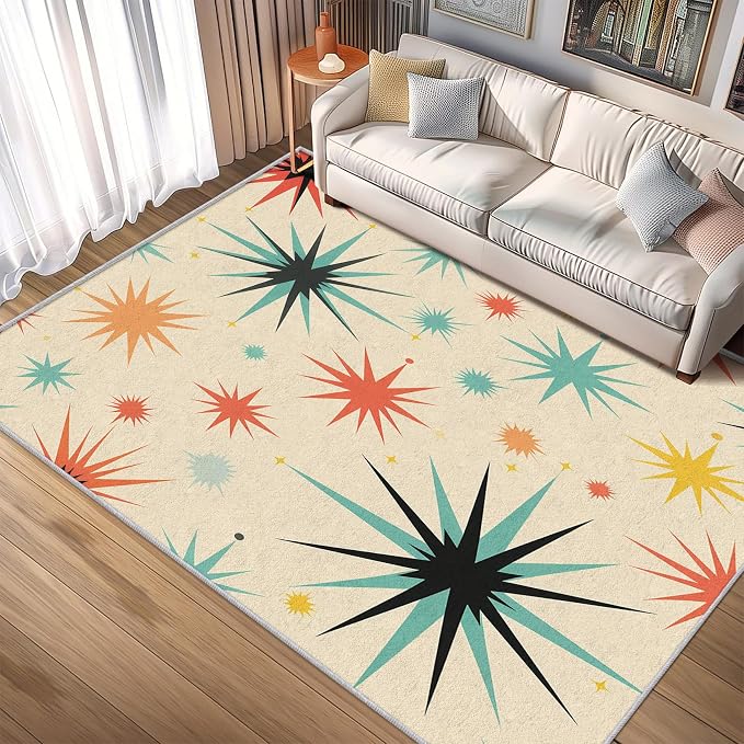 Retro Atomic Rug 7x7, Washable Mid Century Modern Rugs for Living Room Bedroom, Contemporary Geometric Area Rug for Home Decor, Non Slip Backing Floor Carpet with Gripper - 7 x 7 ft