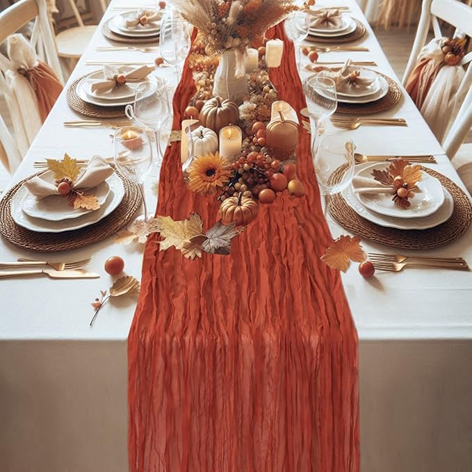 Snowkingdom 6PCS 10Ft Terracotta Cheesecloth Table Runner Bulk, 120inch Long Rust Cheese Cloth Boho Gauze Runner for Wedding Bridal Shower Rustic Sheer Fall Thanksgiving Table Decorations