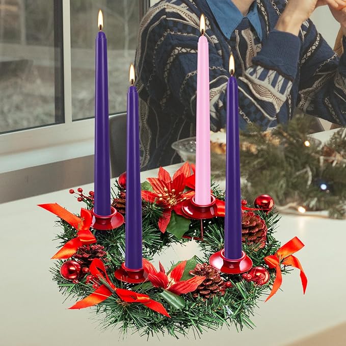 16pcs 10-inch Advent Taper Candles Unscented and Dripless for Christmas, Advent, Holidays, Church, Devotional, Celebration, Party (Purple, Pink)