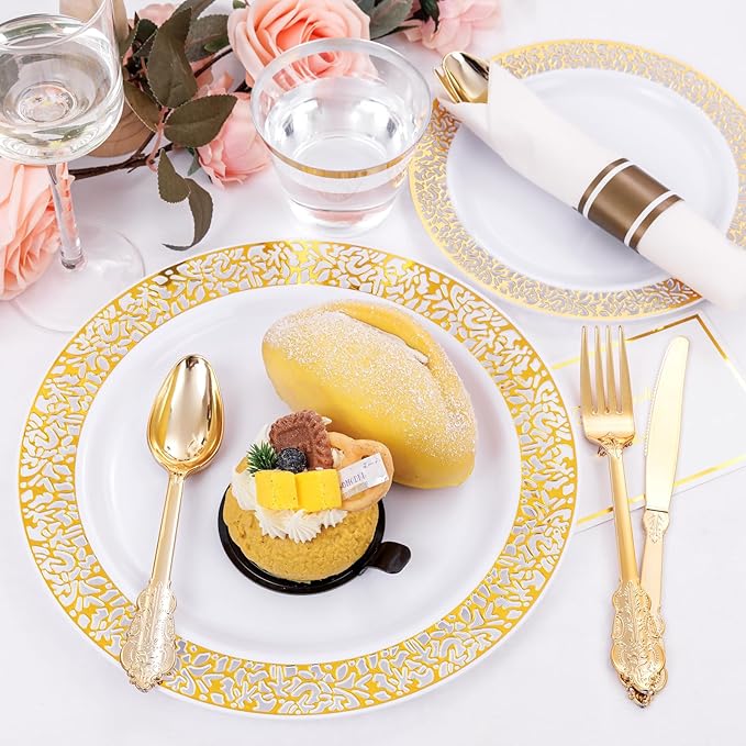 DaYammi 210 PCS Thanksgiving Gold Plastic Plates, Thanksgiving Plastic Dinnerware Sets, Includes: 30 Dinner Plates, 30 Salad Plates, 30 Pre Rolled Napkins with Gold Silverware and 30 Cups 9 OZ