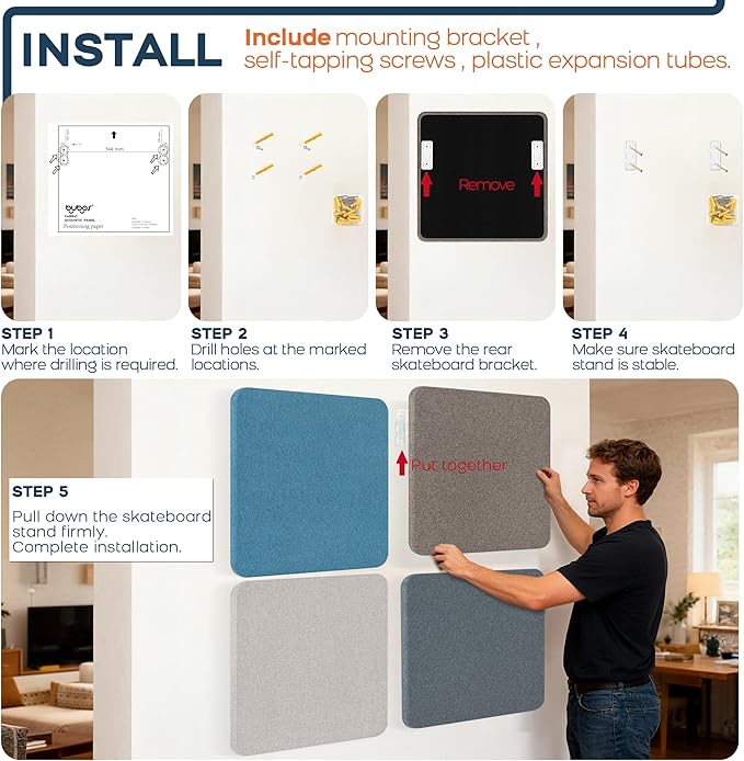 BUBOS 4 PCS Acoustic Panels 23.6''x23.6'', Sound Absorbing Panels for Wall, Decorative Fabric Soundproof Panels, Sound Deadening Panel for Studio, Office & Home Theater,Mistral