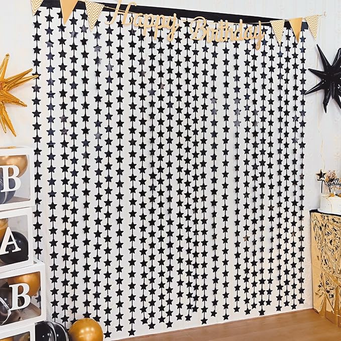 LOLStar Black Stars Birthday Decorations for New Years Eve 2026 Men Boy 2Pack 3.3X6.6ft Each Black Backdrop Star Foil Fringe Curtains for Happy to My 20s Party Supplies nye Streamers Graduation Decor