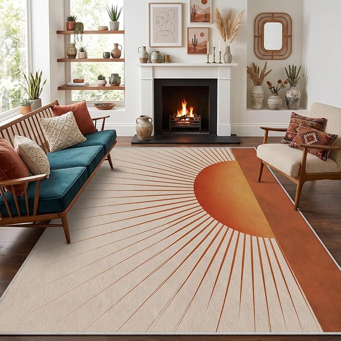 Sunburst Area Rug 5x6, Retro Sun Design Rug, Mid Century Modern Carpet for Living Room Bedroom, Soft Non Slip Washable Area Rug