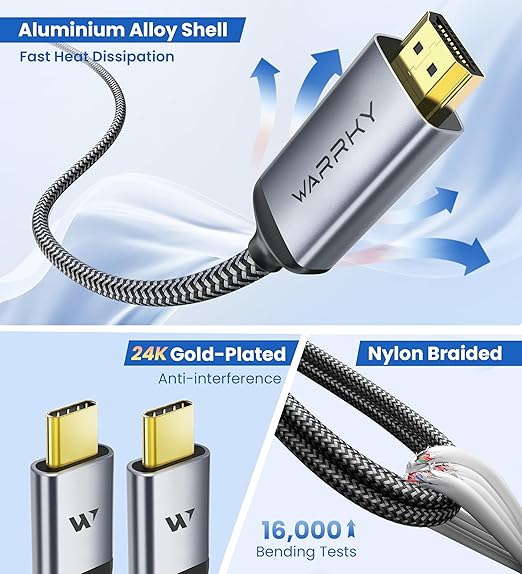 WARRKY USB C to HDMI Cable 4K 60Hz[Anti-Interference, Gold-Plated Plugs] Aluminum HDR Type-C to HDMI 2.0 Cord, Thunderbolt 3/4/5 Compatible for iPhone 15/16 Series, MacBook, iMac, iPad Pro, Galaxy-6ft