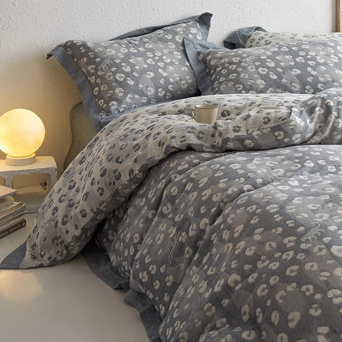 Leopard Print Duvet Cover Full Premium Yarn-Dyed Cotton Linen Jacquard Duvet Cover Grey Leopard Print Bedding Set Aesthetic Floral Leopard Comforter Cover with Zipper Closure Farmhouse Bedding Set