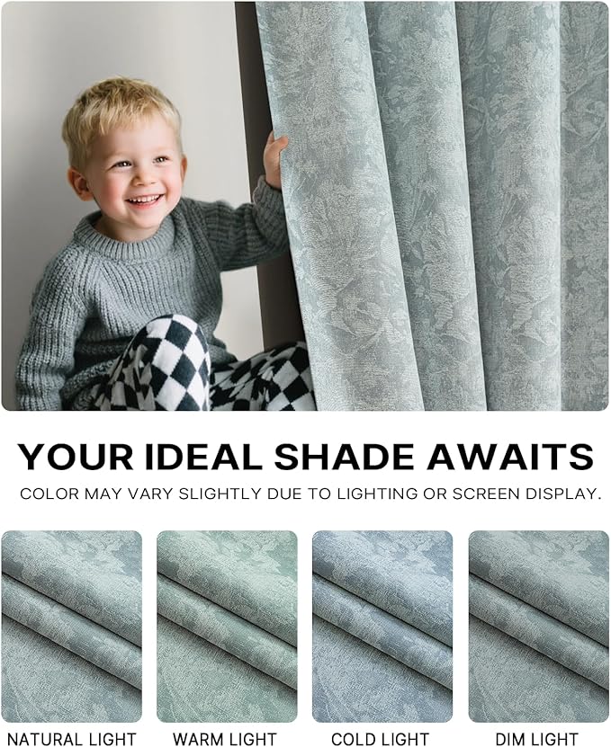 Chenille Floral Blackout Curtains 90 Inch Length 2 Panels Set - Bedroom Living Room Darkening Thermal Insulated Black Out Window Treatments Grommet Jacquard Drapes 52 Inch Wide Blue