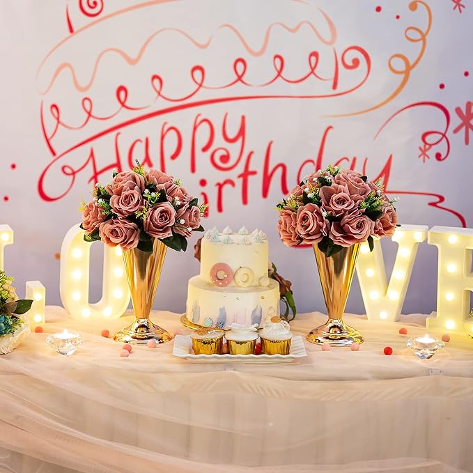 Gold Vase Centerpiece Table Decorations - 2 Pcs Metal Tabletop Flower Stand, Wedding Decorations for Reception, 9.8in Trumpet Tall Flower Vase for Birthday, Weddings, Anniversary Ceremony, Home Decor