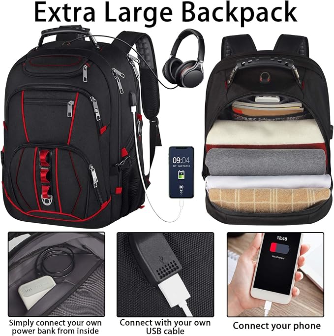 JCDOBEST Laptop Backpack, Red, 55L Capacity, TSA Approved, RFID Anti-Theft, USB Charging Port, Headphone Hole, Back Luggage Strap, Chest Strap, Laptop Backpack