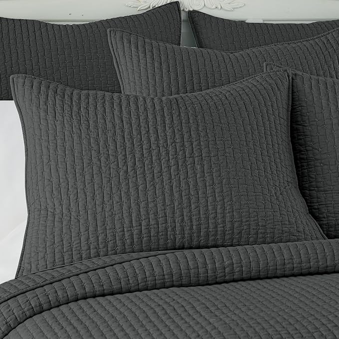 Levtex Home Cross Stitch Reversible Twin XL/Twin Quilt Set (68x86in) and 1 Pillow Sham (26x20in) - Stitch Texture - Charcoal - 0 Cotton Twin/Twin Size Quilt Bedding Set - Lightweight Soft Pre-Washed