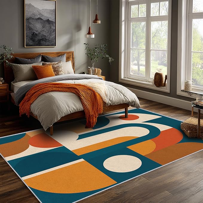 Mid Century Area Rug 6x8, Home Decor | Deep Teal Terracotta Arch Blocks, Retro Geometric Rug for Living Room, Bedroom, Home Office, Non Slip, Washable, Low Pile