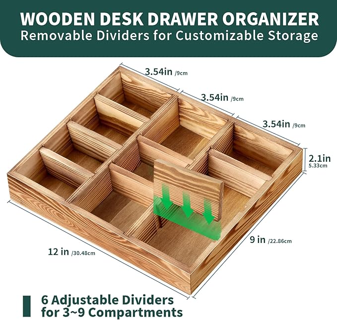 TEESSFROOD Desk Drawer Organizer Tray with 9 Adjustable Compartments, Wooden Office Desk Accessories Supplies Organization Storage for Desktop Bathroom Vanity Makeup 12" x 9" (Brown)