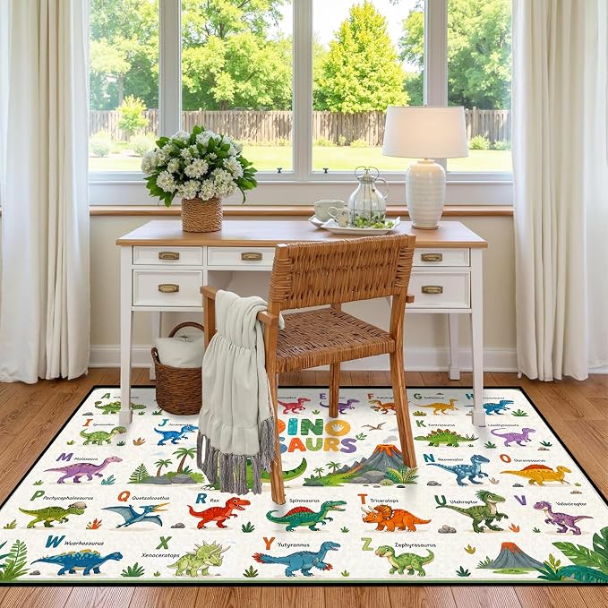 6'x9' Dinosaur Area Rug ABC Alphabet Educational Rugs for Bedroom Living Room Nursery Kitchen Playroom Home Decor Washable Cute Cartoon Dinosaur Floor Mat Carpet