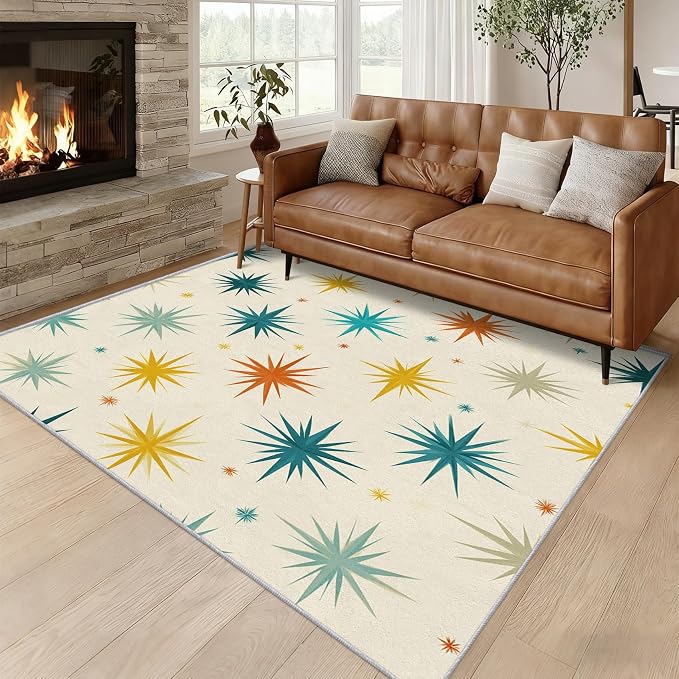 Mid Century Modern Rugs for Living Room Decor, 5x6 ft, Retro Starburst Atomic Area Rugs for Bedroom, Soft Non Slip Washable Geometric Sunburst Carpet Home Decorations D-g48