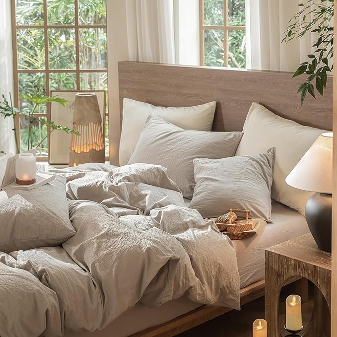 MooMee Wavy Striped Duvet Cover Set 100% Washed Cotton Linen Like Textured Breathable Durable Soft Comfy (Beige, Alaska King 132"x120")