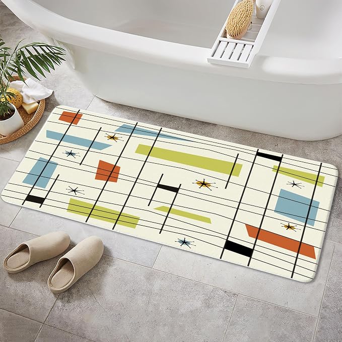 DYNH Mid Century Kitchen Rug Bath Rug, Aesthetic Abstract Geometric Mid Century Bath Mat Rug, Teal Blue Retro Grid Starbursts 1950S 1960S Modern Minimalist Floor Rug mat for Kitchen/Bathroom,17X48IN