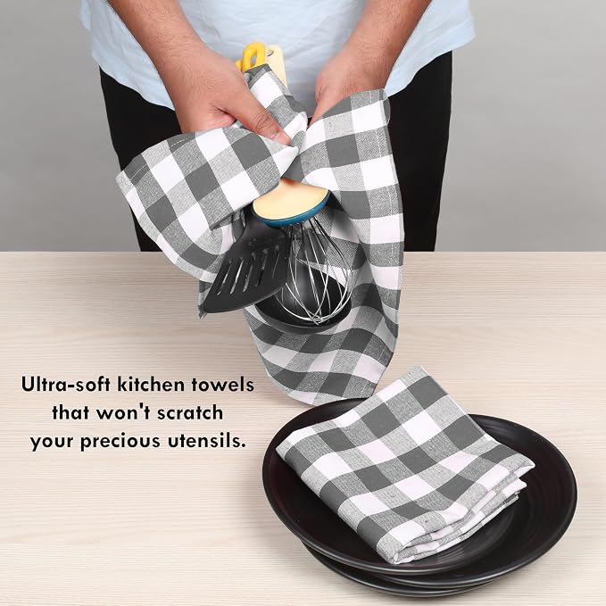 Gingham Checked Kitchen Towels 12 Pack, 18"x26", 100% Cotton, Absorbent Dish Towel for Kitchen Drying, Reusable Dishcloths Set for Cleaning, Quick Dry Wash Rags - Grey, White