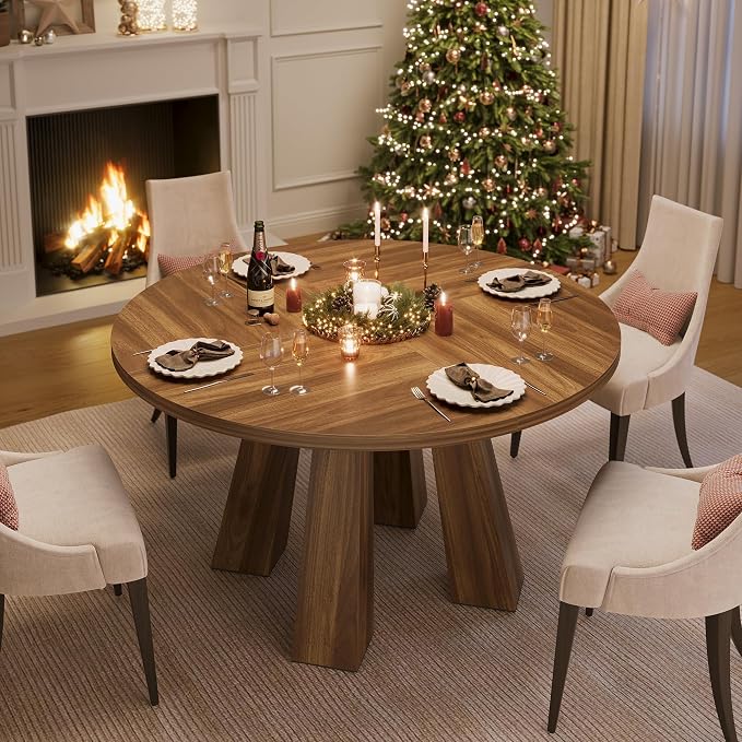 IDEALHOUSE 47" Round Dining Table for 4-6, Wood Kitchen Table with Sturdy Base, Farmhouse Circle Dinner Table for Dining Room, Living Room, 4 Strong Legs, Walnut