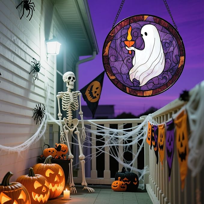 Stained Glass Window Hanging - Halloween White Ghost Purple Suncatcher for Doors Window Garden Spooky Candlelight Sun Catchers Gothic Decor Horror Gifts for Women Men Friend Boy Girl 6.3 in