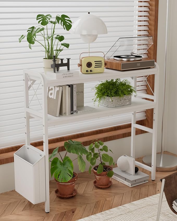 VERSASKY Desktop Shelves, Monitor Stand with Adjustable Shelves and Side Pockets, 2-Tier Desktop Bookshelf Organizer, Large Capacity Display Shelf Rack, Desk Hutch for Home Office, Study Room, White