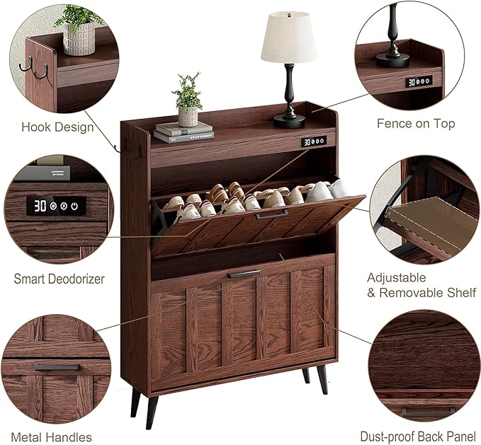 ChooChoo Shoe Storage Cabinet with 2 Flip Drawers, Deodorizing Shoe Organizer Storage for Entryway, Freestanding Hidden Slim Narrow Shoe Rack Cabinet, Walnut